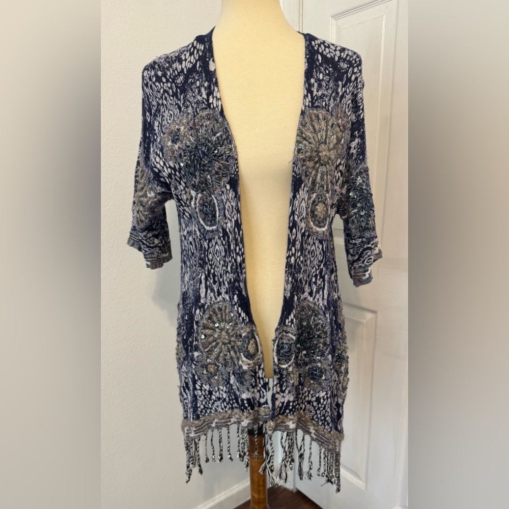 Soft Surroundings Cardigan Emory Embellished Sequin Fringe Boho Artsy S/M